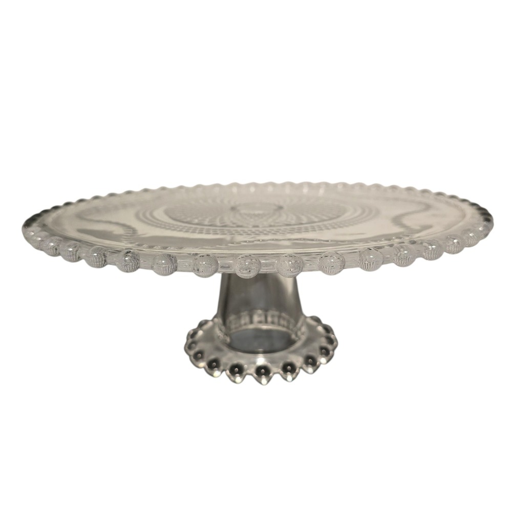 Elegant Clear Glass Cake Stand‎ Pedestal Plate Beaded Edge Dessert Display